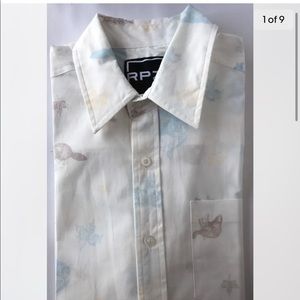 RPZN Men Shirt Sleeve Dress Shirt Small Maple Beaver Print Cream Summer Cotton